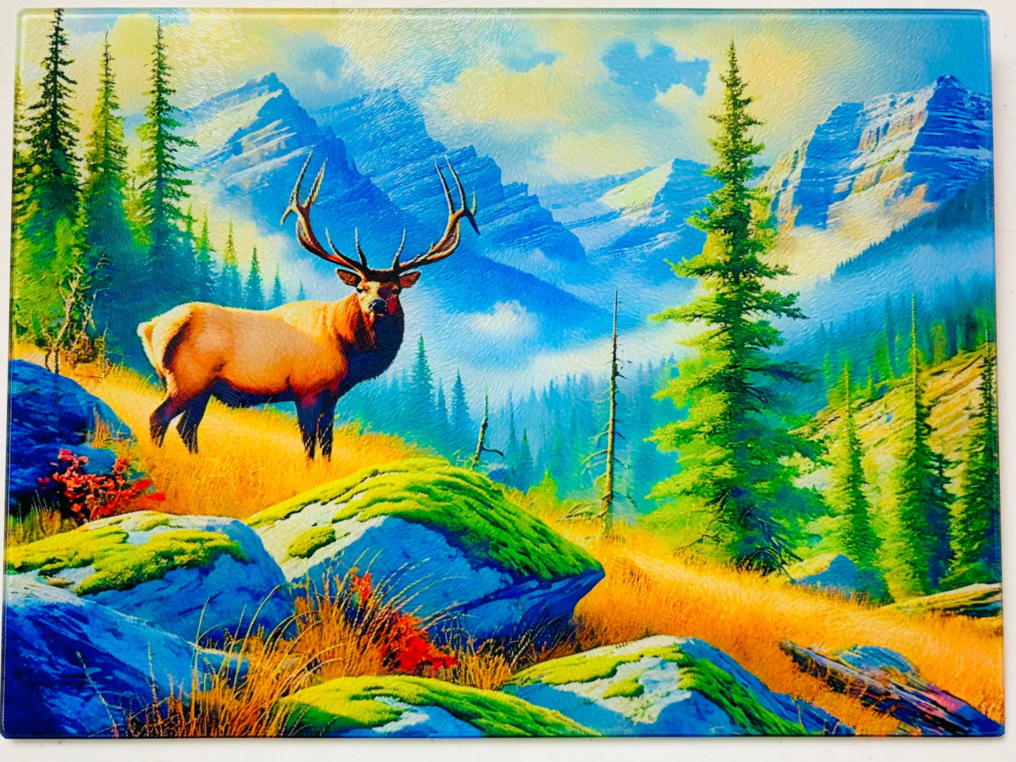 Tempered Glass Cutting Board Elk in Forest with Mountain