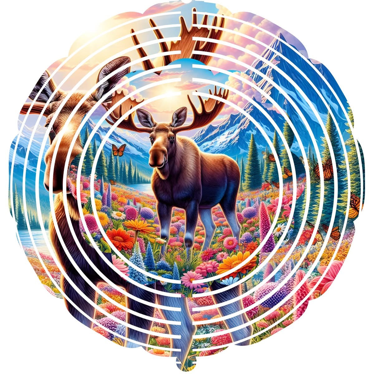 Wind Spinner with Jewel Strand Moose Standing in Bright Flowers