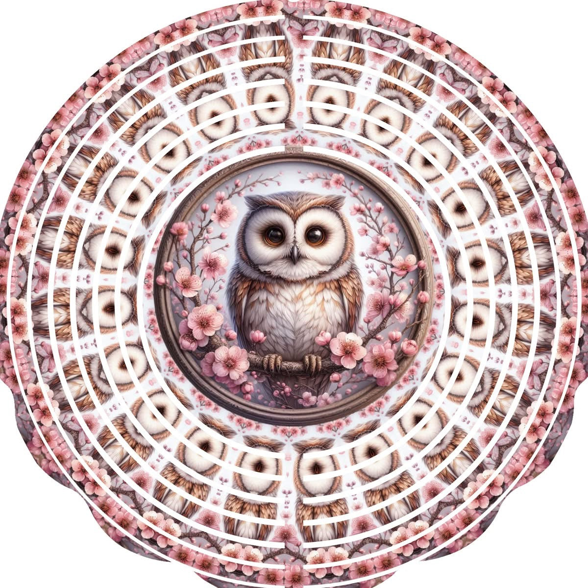 Wind Spinners with Jewel Strand Bird Owl Perched with Pink Flowers