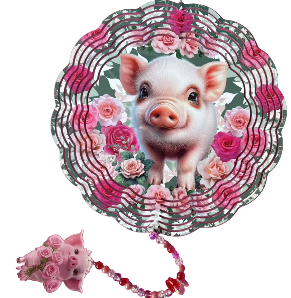 Wind Spinner with Jewel Strand Pig Pink Floral