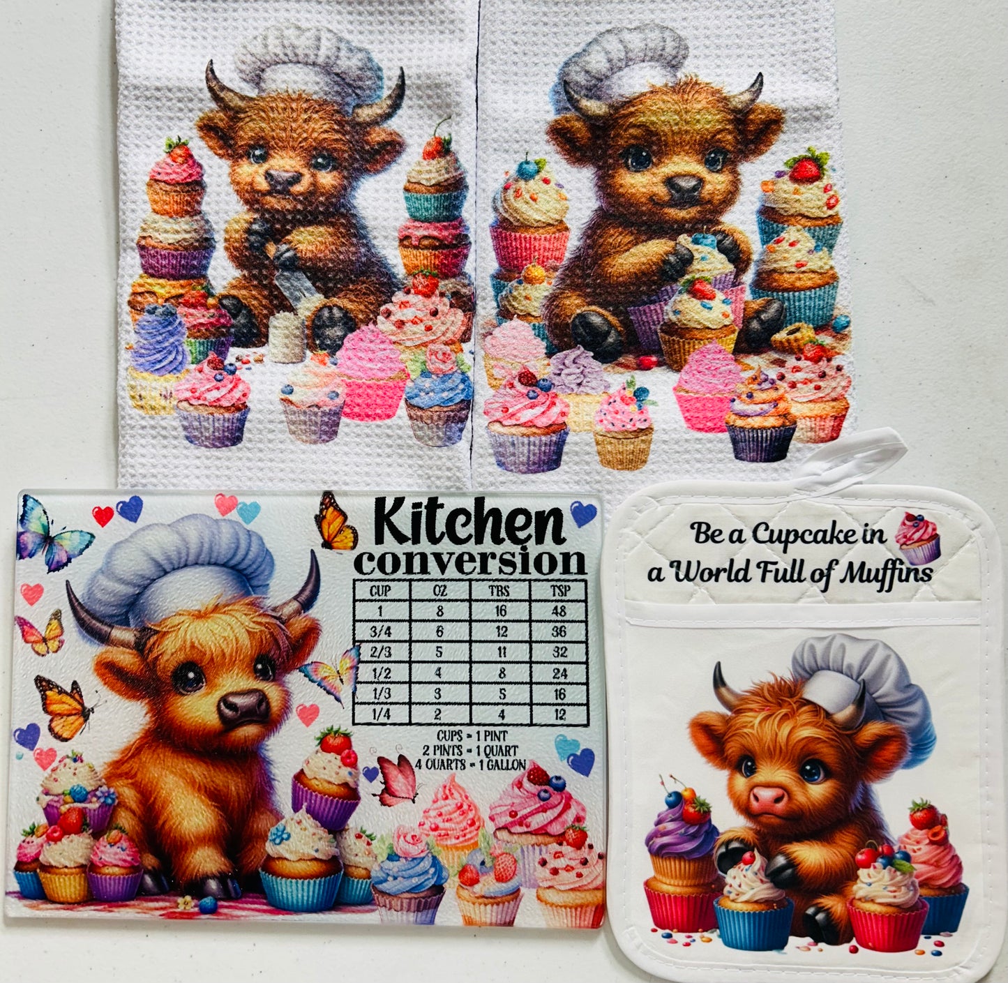 Kitchen Sets (4 Pieces)- Cutting Board, 2 Towels & Pot Holder