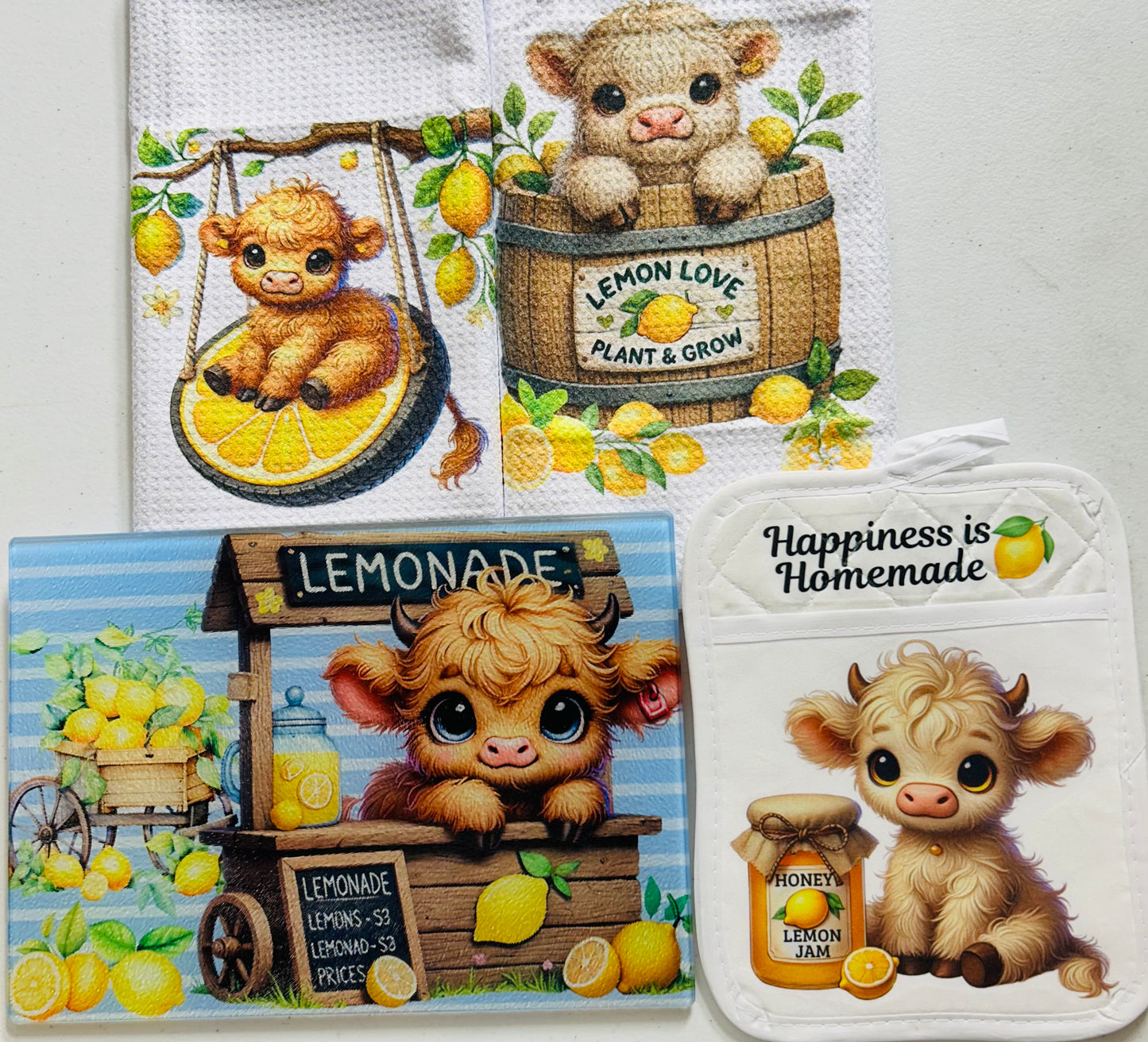 Kitchen Sets (4 Pieces)- Cutting Board, 2 Towels & Pot Holder