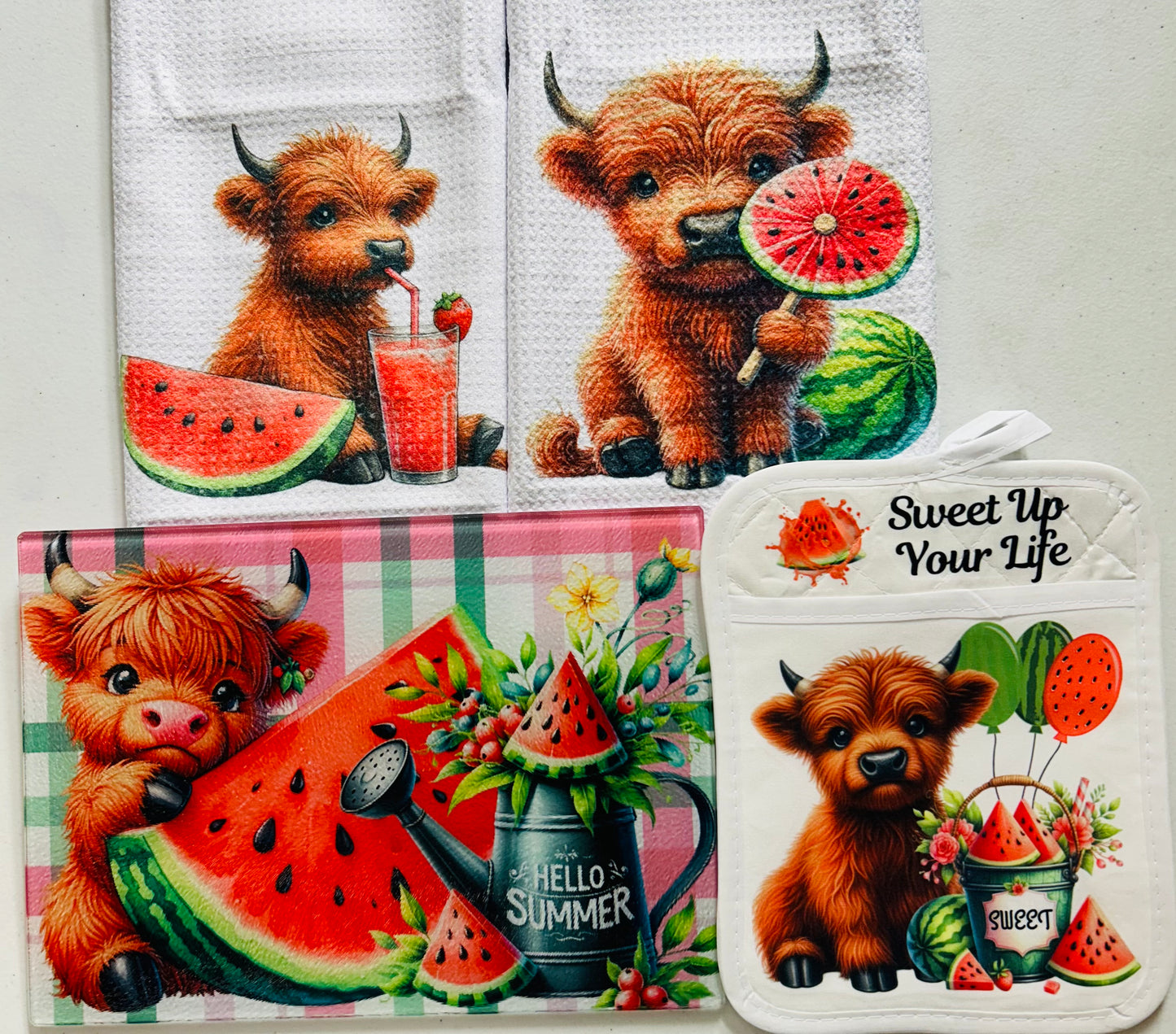 Kitchen Sets (4 Pieces)- Cutting Board, 2 Towels & Pot Holder