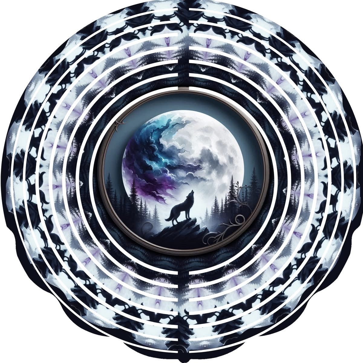 Wind Spinner with Jewel Wolf Moon Howling