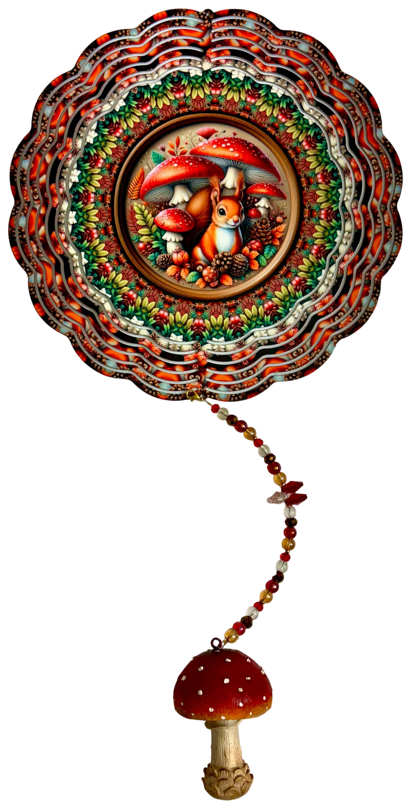 Wind Spinner with Jewel Strand Squirrel with Mushrooms