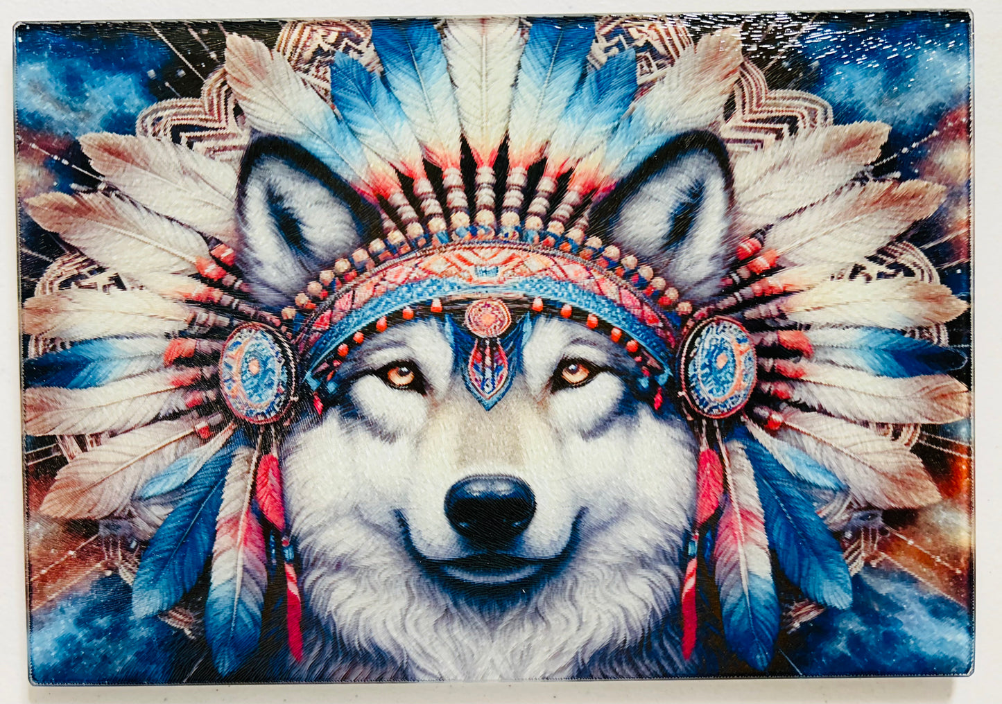Tempered Glass Cutting Board Wolf Native American Headdress