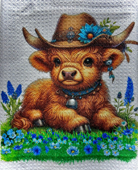 TOWELS - HIGHLAND COW HAT BLUE WEARING BELL