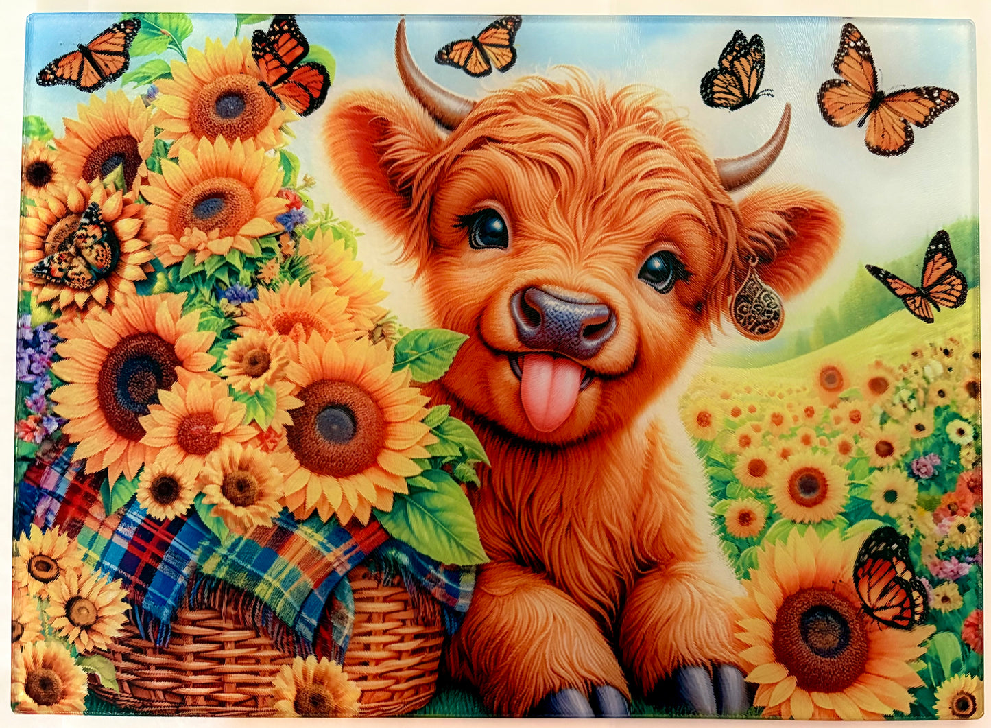 Tempered Glass Cutting Board Highland Cow Basket of Sunflowers
