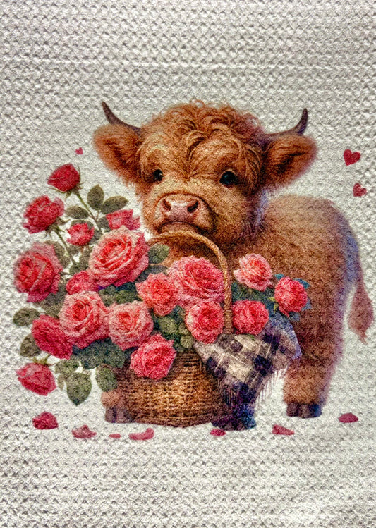 TOWELS - HIGHLAND COW FLOWERS BASKET ROSES