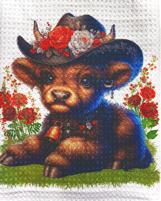 TOWELS - HIGHLAND COW HAT RED & WHITE FLOWERS