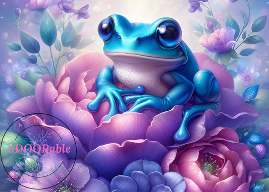 Tempered Glass Cutting Board Frog Blue Sitting on Pink Flower
