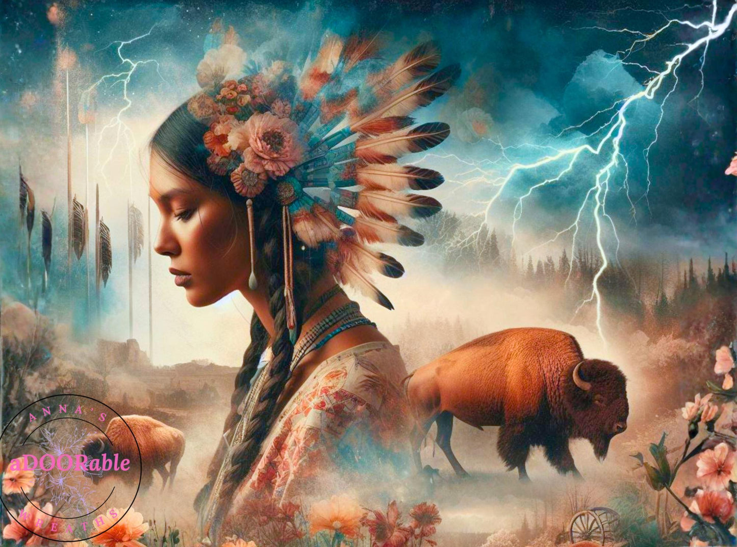 Tempered Glass Cutting Board Native American Female with Buffalo