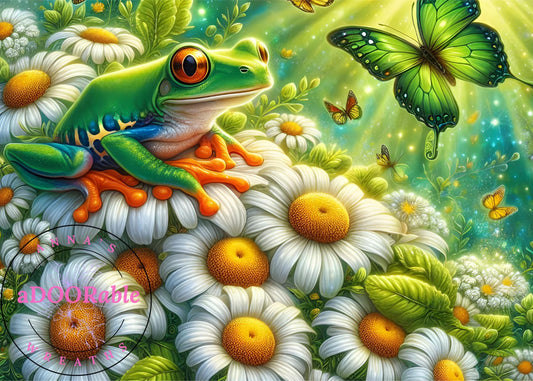 Tempered Glass Cutting Board Frog Sitting on Daisies with Butterfly