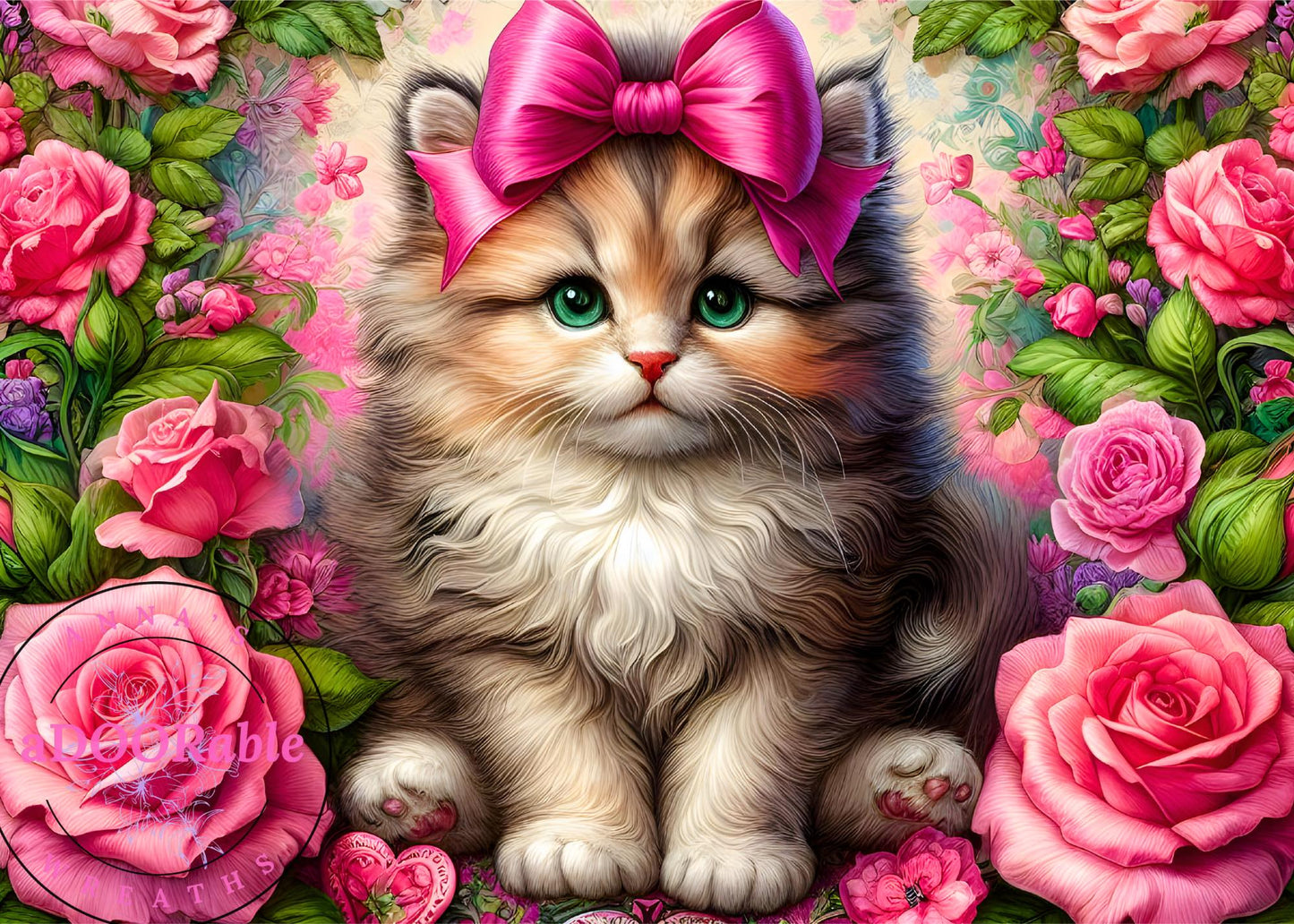 Tempered Glass Cutting Board Cat with Pink Bow and Roses