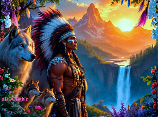 Tempered Glass Cutting Board Native American Male Warrior & Wolf