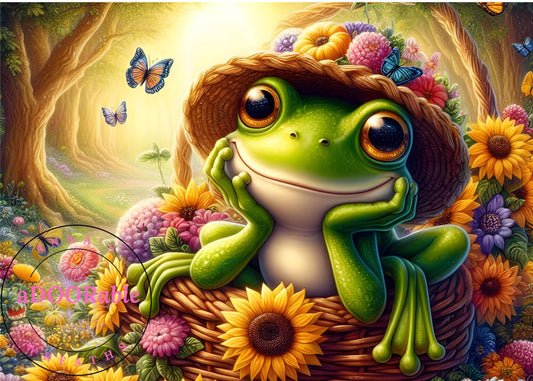 Tempered Glass Cutting Board Frog in Basket with Straw Hat