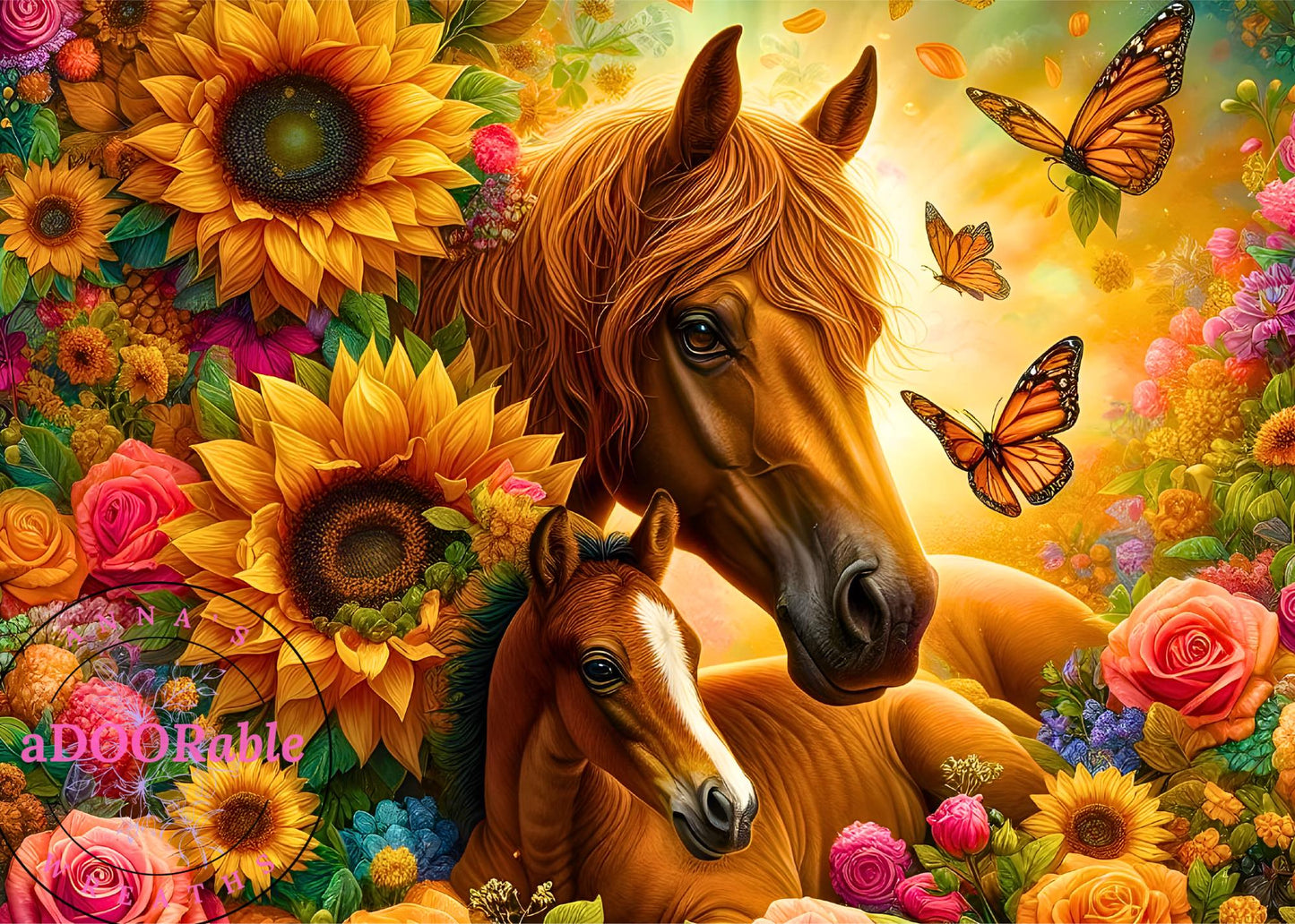 Tempered Glass Cutting Board Horse and Foal with Flowers