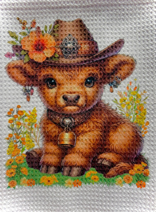 TOWELS - HIGHLAND COW HAT ORANGE FLOWER