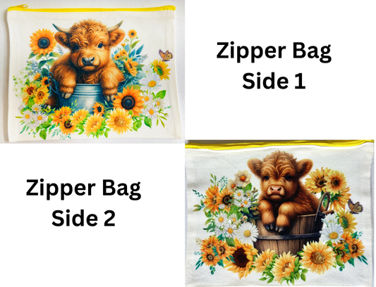 ZIPPER BAG - HIGHLAND COW SUNFLOWERS