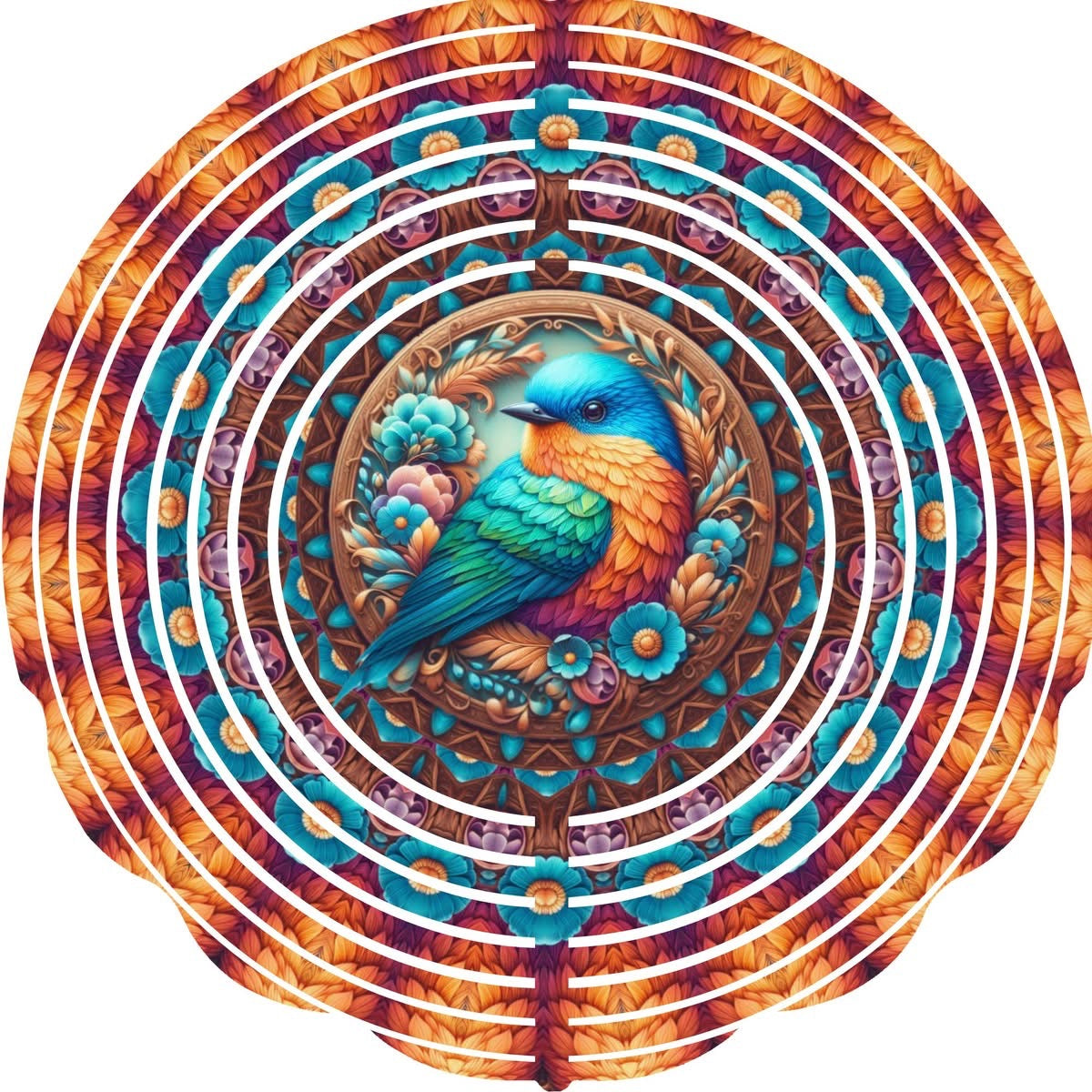 Wind Spinners with Jewel Strand Bird Blue Orange Feathers