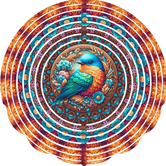 Wind Spinners with Jewel Strand Bird Blue Orange Feathers