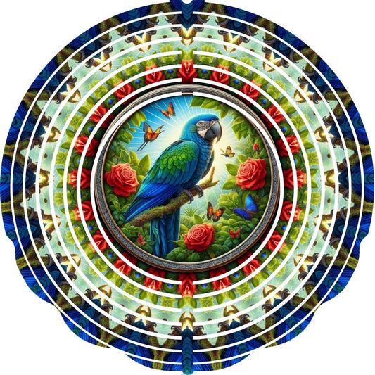 Wind Spinners with Jewel Strand Bird Parrot Blue Green Feathers