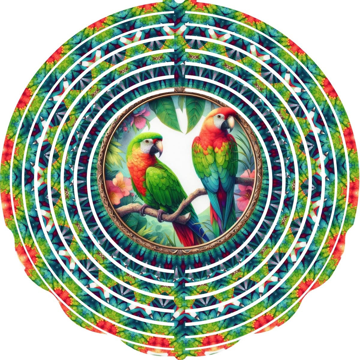 Wind Spinners with Jewel Strand Bird Parrot Pair Perched on Branch