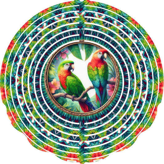 Wind Spinners with Jewel Strand Bird Parrot Pair Perched on Branch