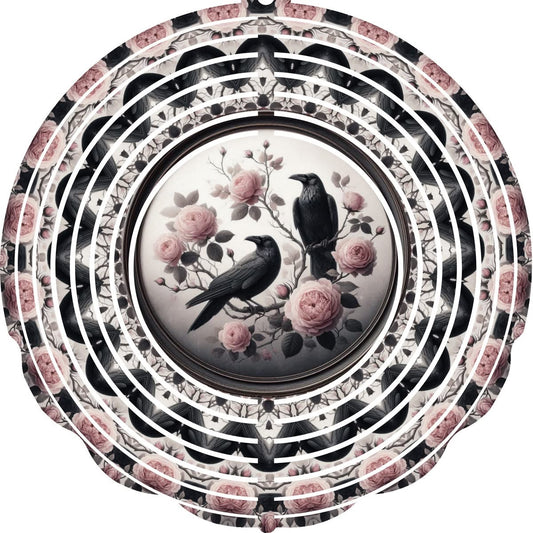 WIND SPINNER - BIRD CROWS PINK ROSES