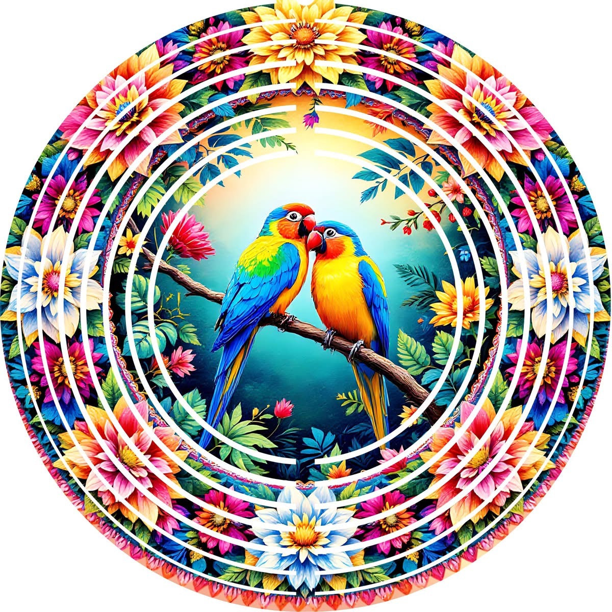 Wind Spinners with Jewel Strand Bird Parrot Pair with Colorful Flowers