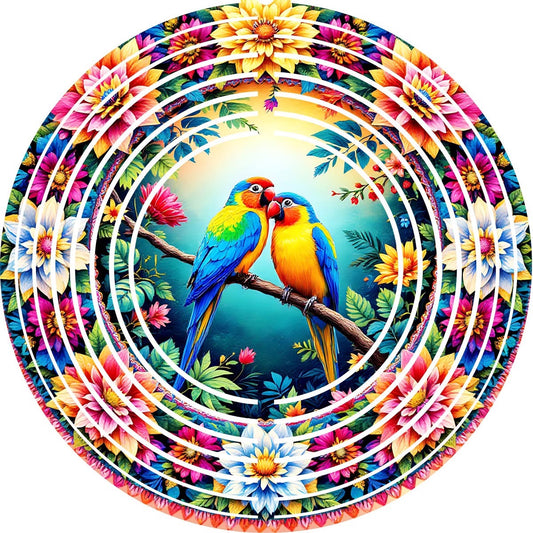 Wind Spinners with Jewel Strand Bird Parrot Pair with Colorful Flowers