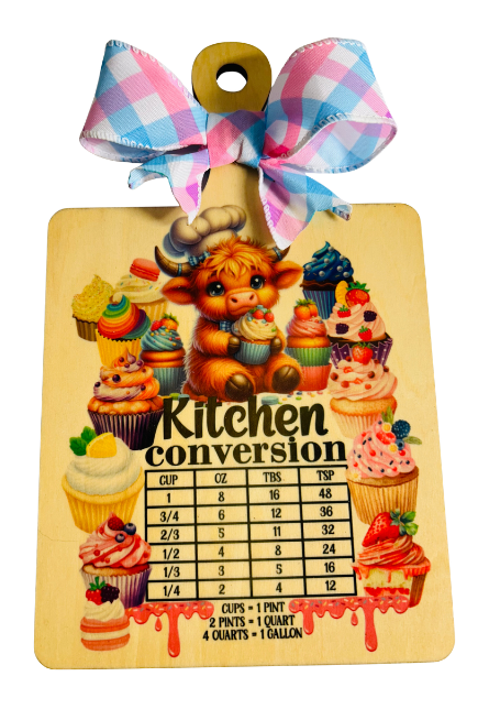 Wooden Decor Board Highland Cow Cupcake Conversion Chart