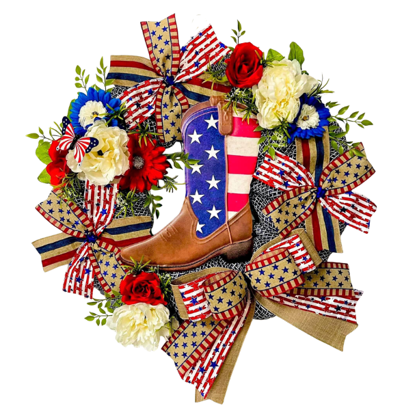 Custom and Seasonal Wreaths July 4th Cowboy Boot Red, White & Blue