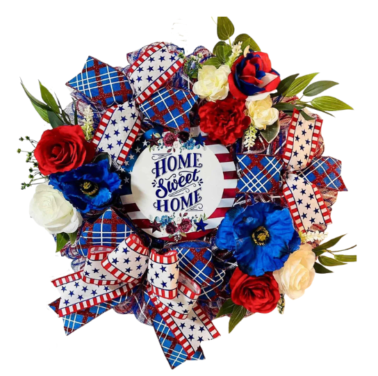 Decorative wreath with red, white, and blue flowers and ribbons on a white background