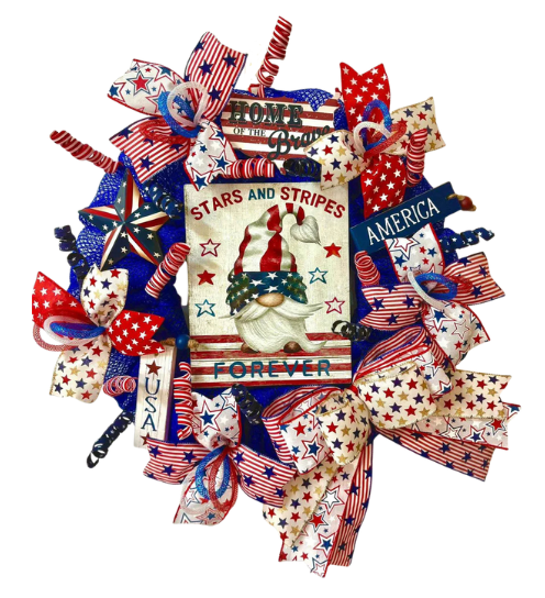 Handmade Wreath patriotic 4th of July Gnome. Stars and Stripes Forever. Red, White, and Blue wreath.