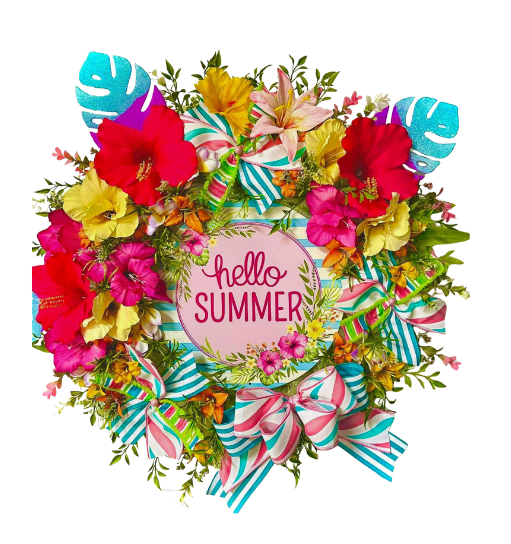 Wreath Summer Theme Tropical Flowers "Hello Summer"