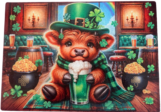 Tempered Glass Cutting Board Highland Cow St Patrick's Green Beer