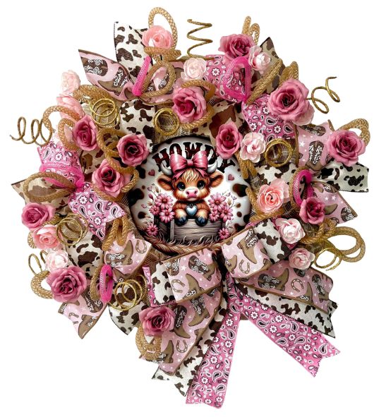 Custom and Seasonal Wreaths Cow Howdy Pink Roses and Animal Print