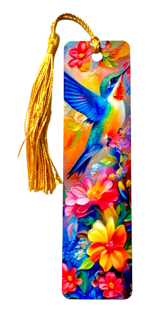 BOOKMARK - HUMMINGBIRD WITH RAINBOW FLOWERS