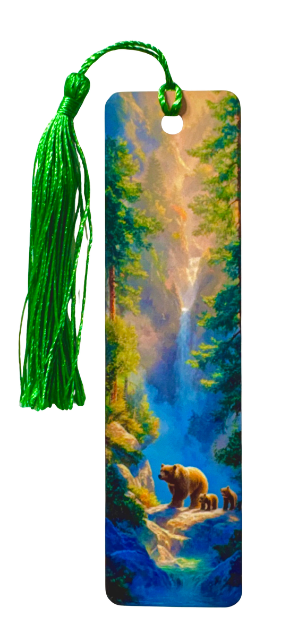 BOOKMARK - BEAR AND CUBS BY WATERFALL