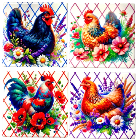 Coasters 4/pk - CHICKEN/ROOSTER CRISS CROSS