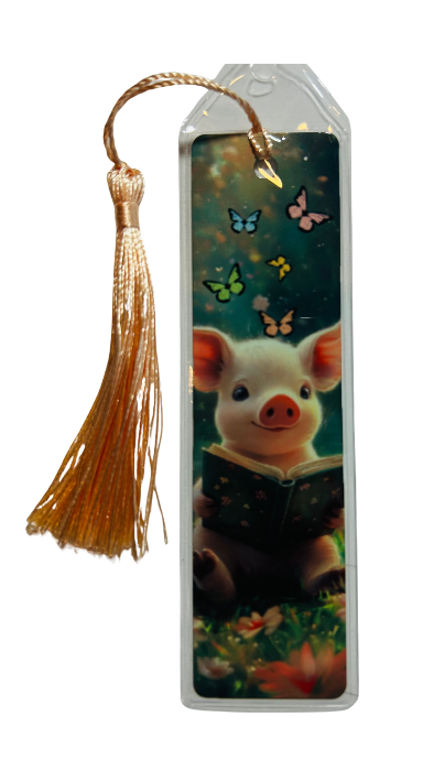 BOOKMARK - PIG READING A BOOK WITH BUTTERFLIES