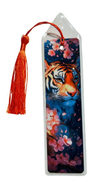 BOOKMARK - TIGER SURROUNDED BY CHERRY BLOSSOMS