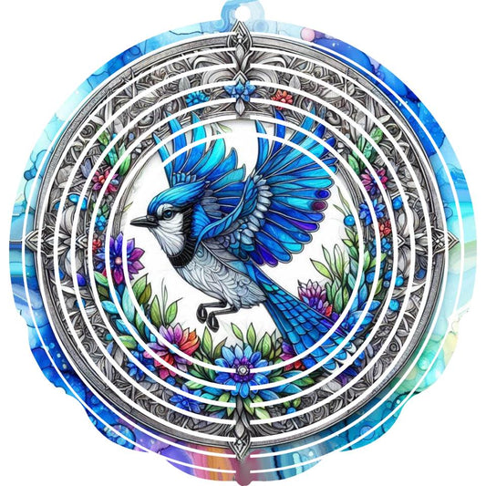 Wind Spinners with Jewel Strand Bird Blue Jay Flying