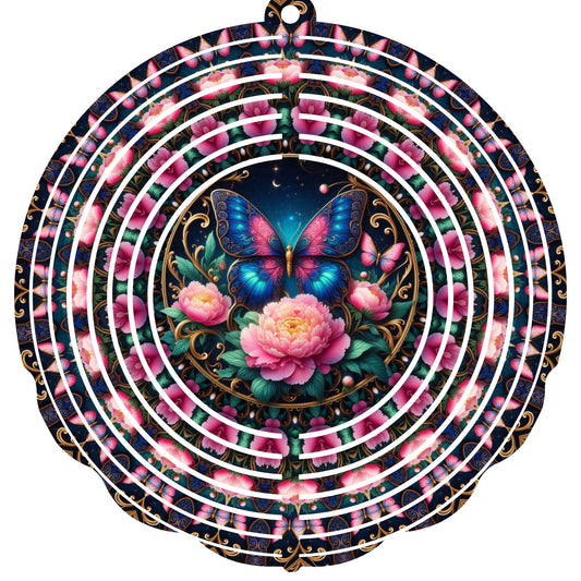 WIND SPINNER - BUTTERFLY BLUE/PINK WITH FLOWERS