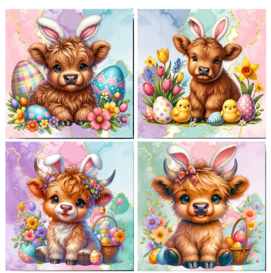 COASTERS 4/pk - HIGHLAND COW EASTER