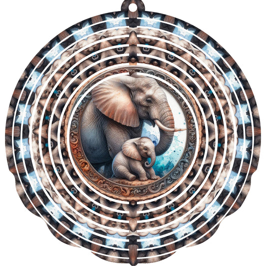 Wind Spinner with Jewel Strand Elephant & Calf on Rock