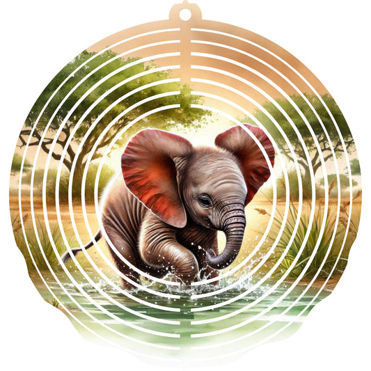 Wind Spinner with Jewel Strand Elephant Calf Splashing