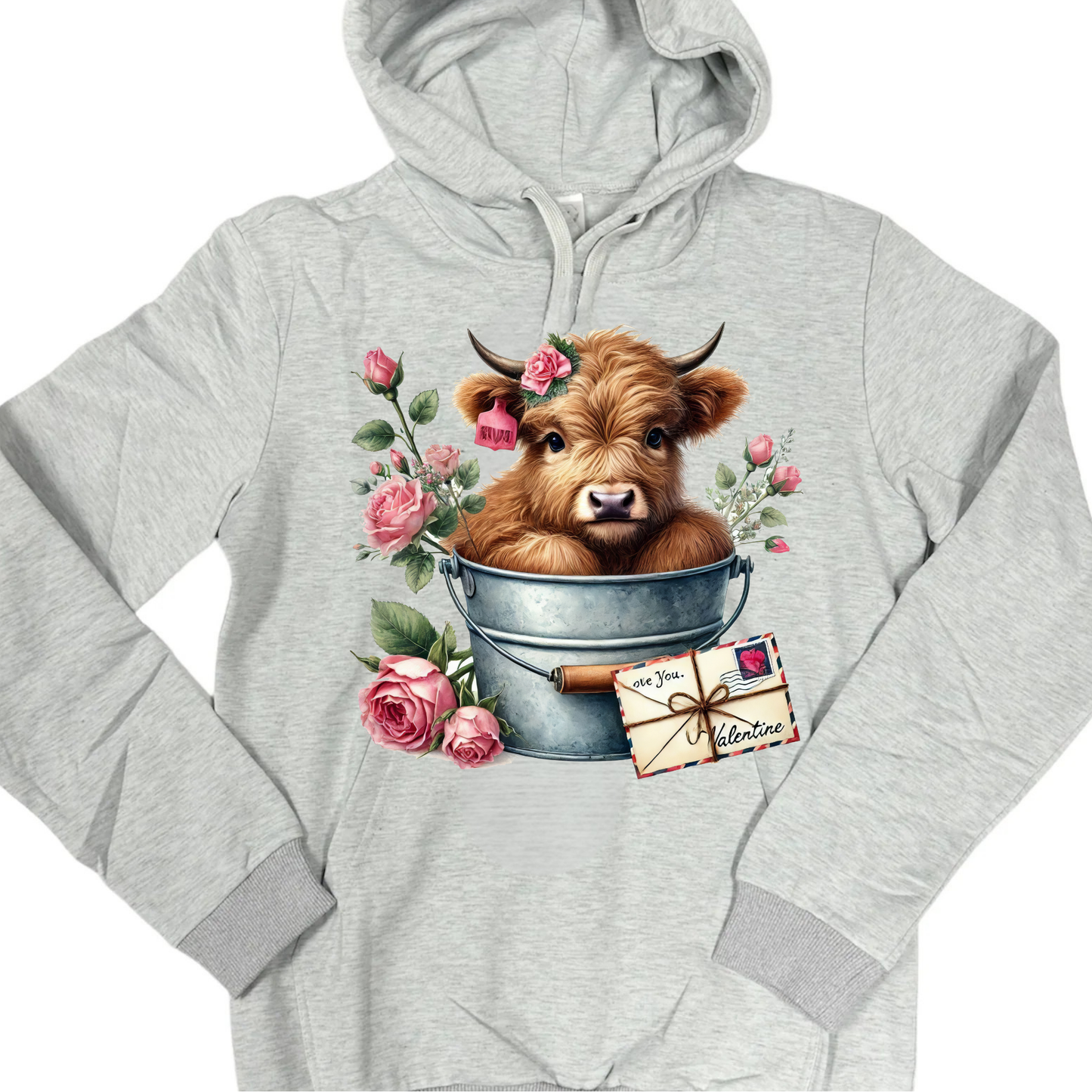 Hoodies Fleece Lined- VALENTINE HIGHLAND COW LETTER