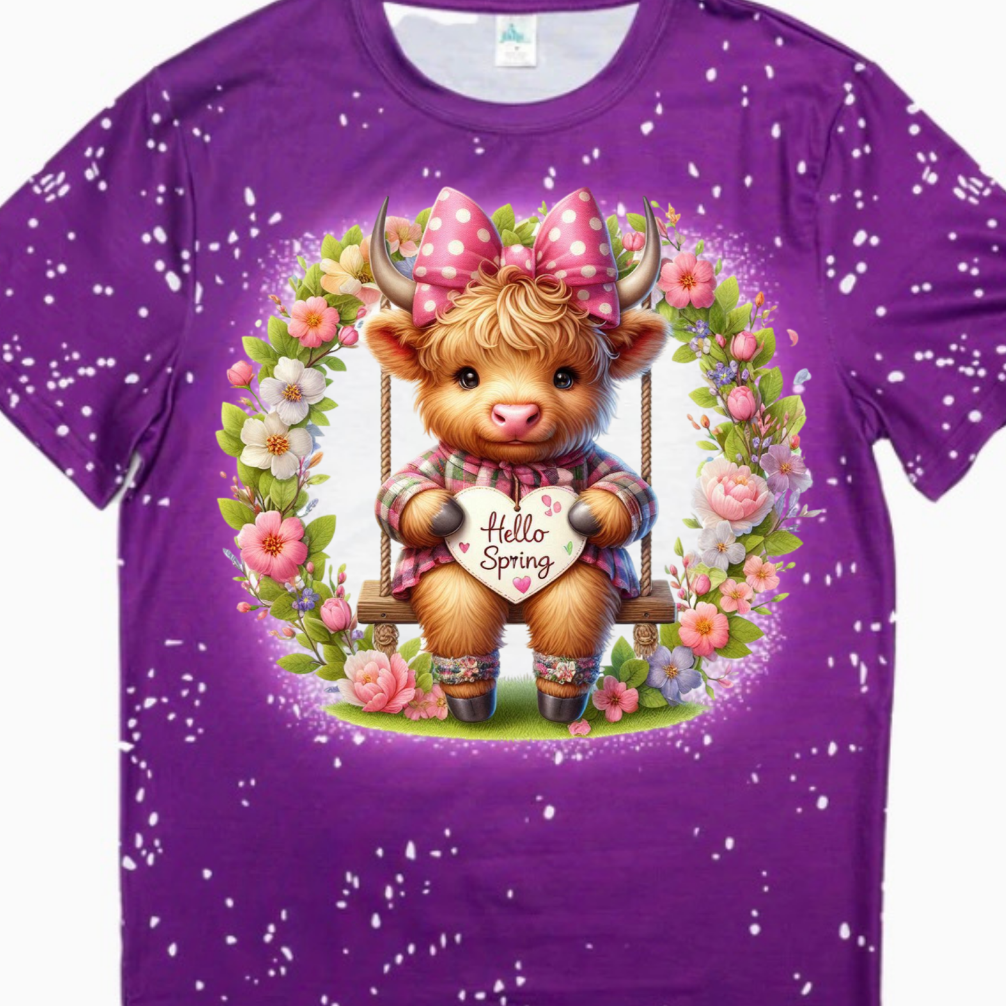 T-Shirts Faux Bleached - HIGHLAND COW HELLO SPRING